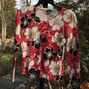 Rafaella Red-Black-White Floral Sweater Cardigan